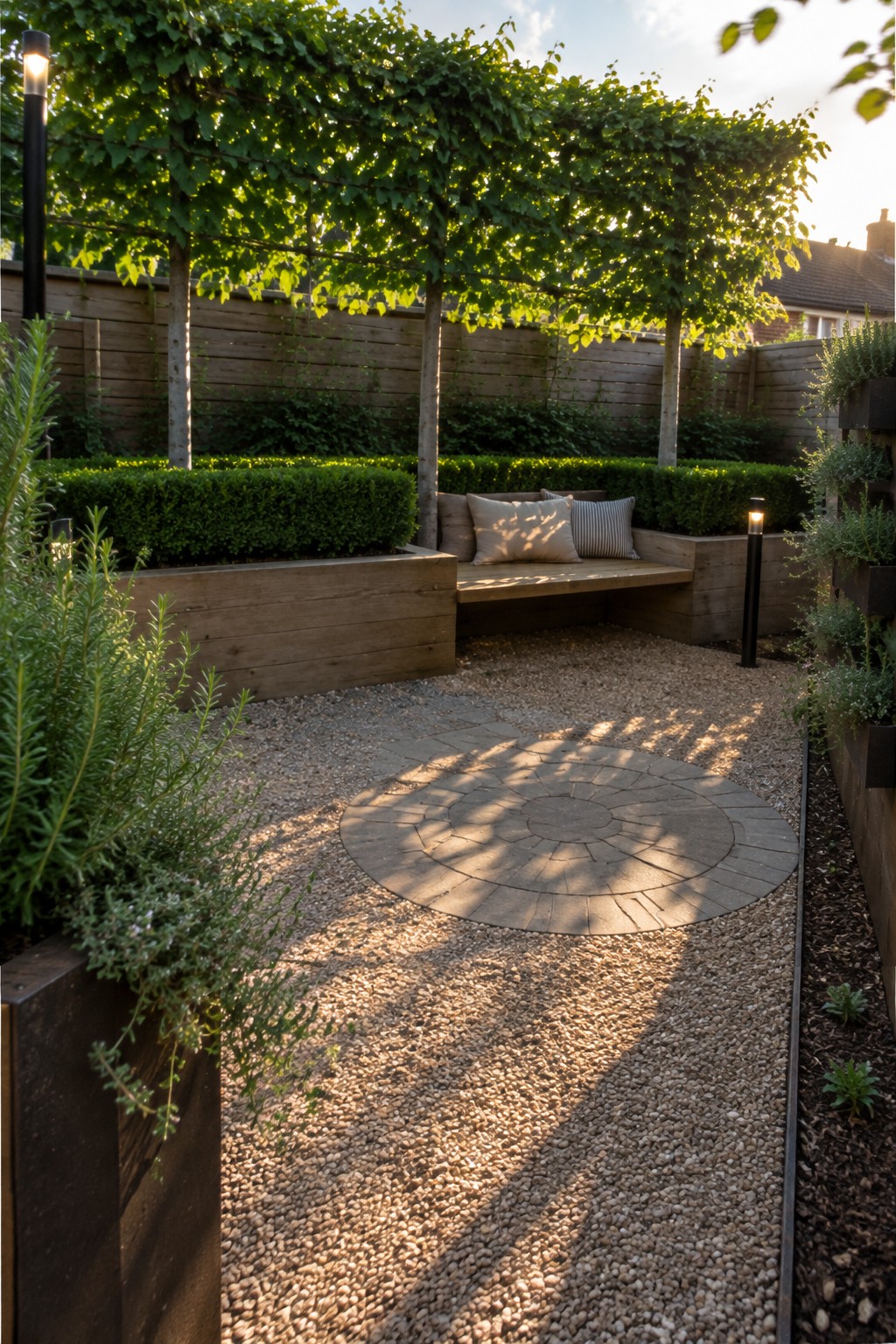 A gravel garden path leads to a circular stone patio bordered by raised wooden beds filled with dense clipped evergreen hedges and small trees.