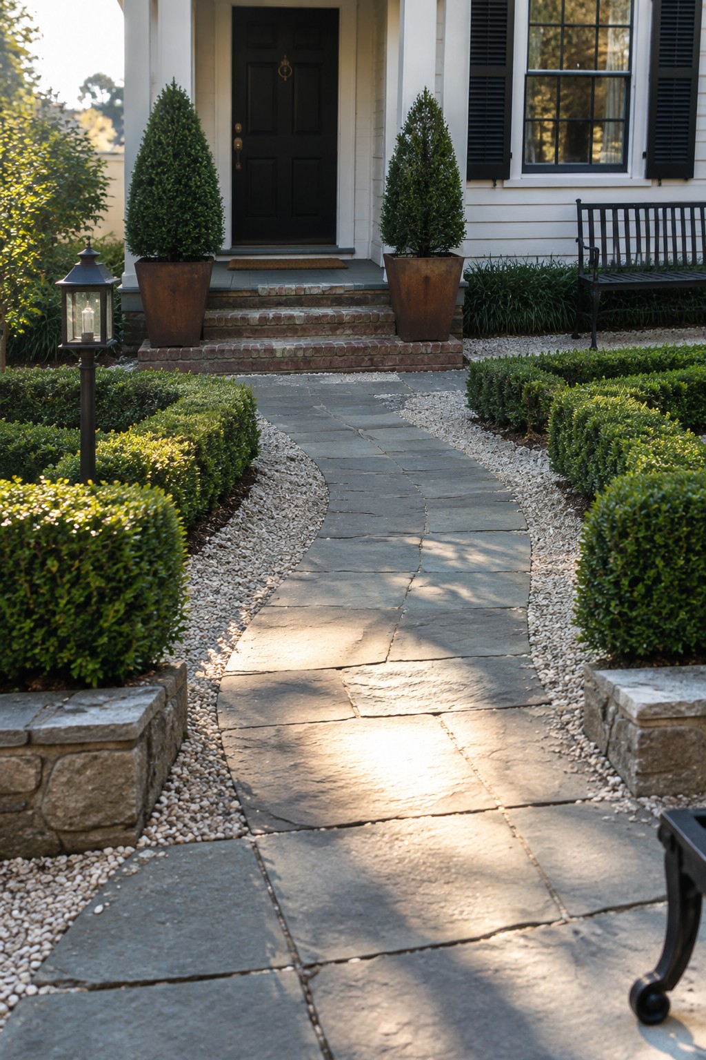 A winding stone path bordered by gravel and shaped evergreen shrubs in pots leads toward a house entrance with steps and a black door.