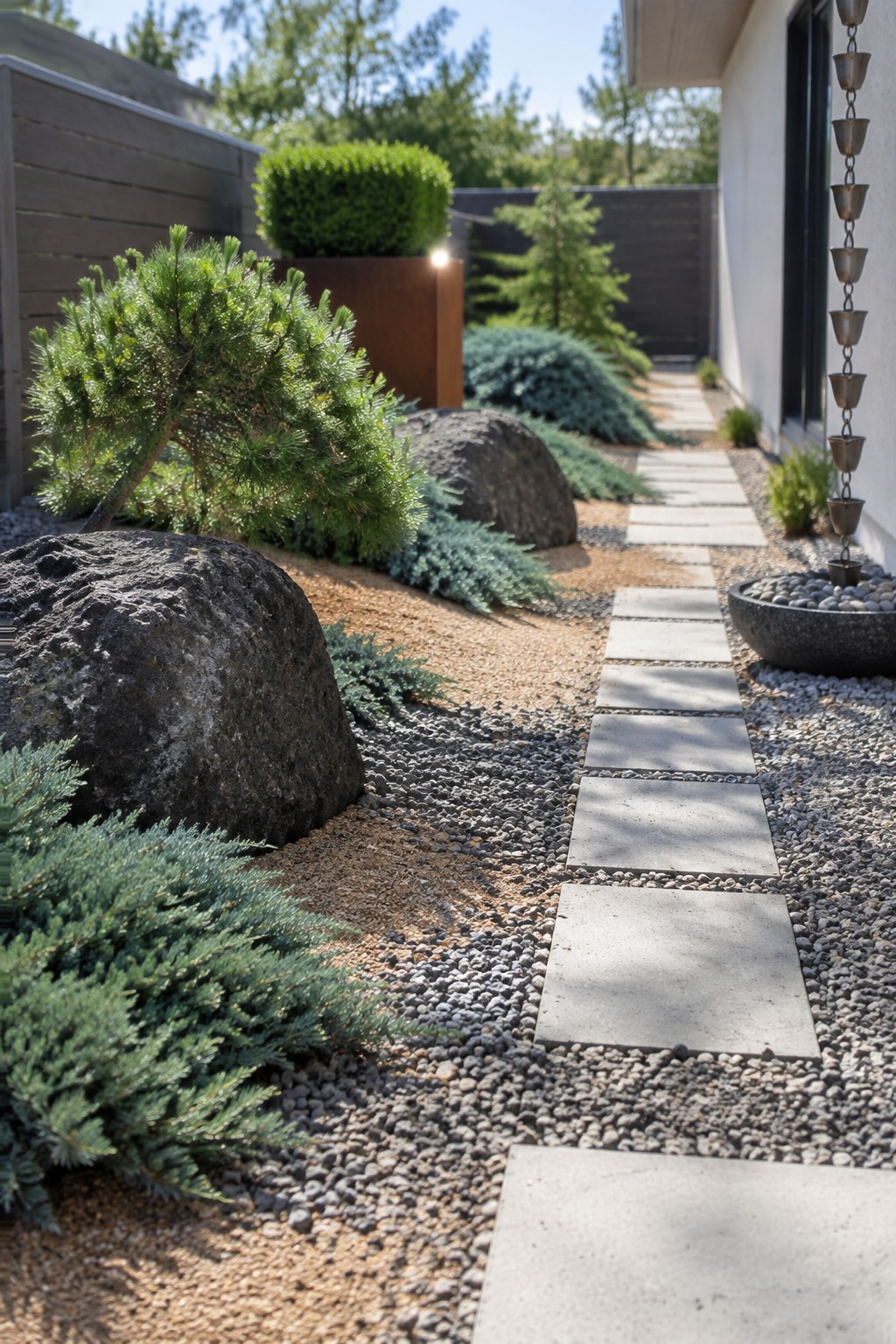 A narrow garden path of concrete stepping stones runs through gravel, bordered by large rocks and several evergreen shrubs and small trees.