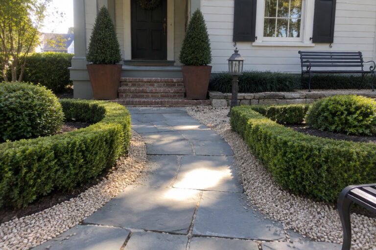 A winding stone path bordered by gravel and shaped evergreen shrubs in pots leads toward a house entrance with steps and a black door.