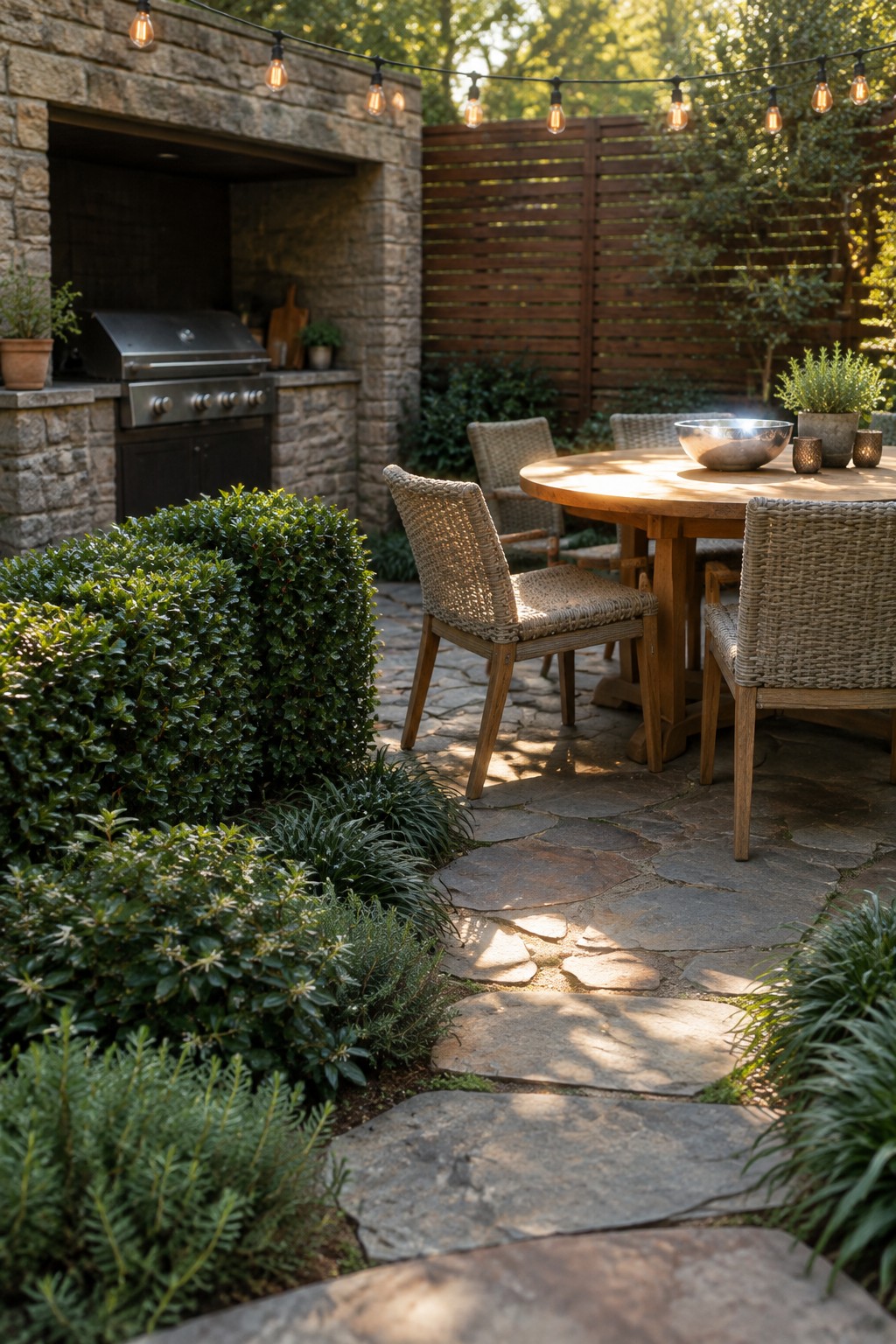 A stone path bordered by dense evergreen shrubs leads to a round wooden dining table with woven chairs on a patio beside a stone outdoor kitchen.