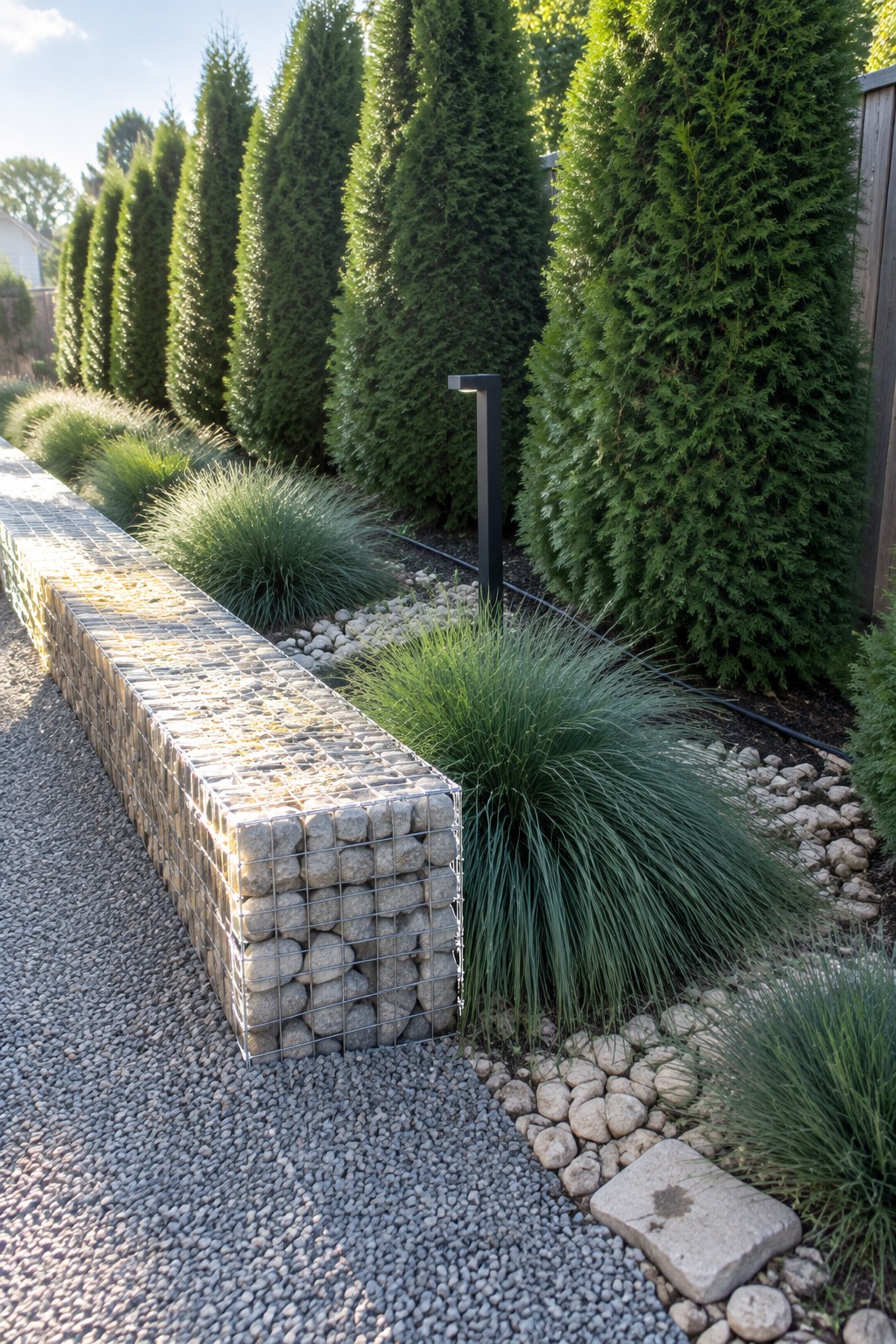 A long gabion wall filled with stones runs beside a gravel path next to tall evergreen trees and clumps of ornamental grasses.