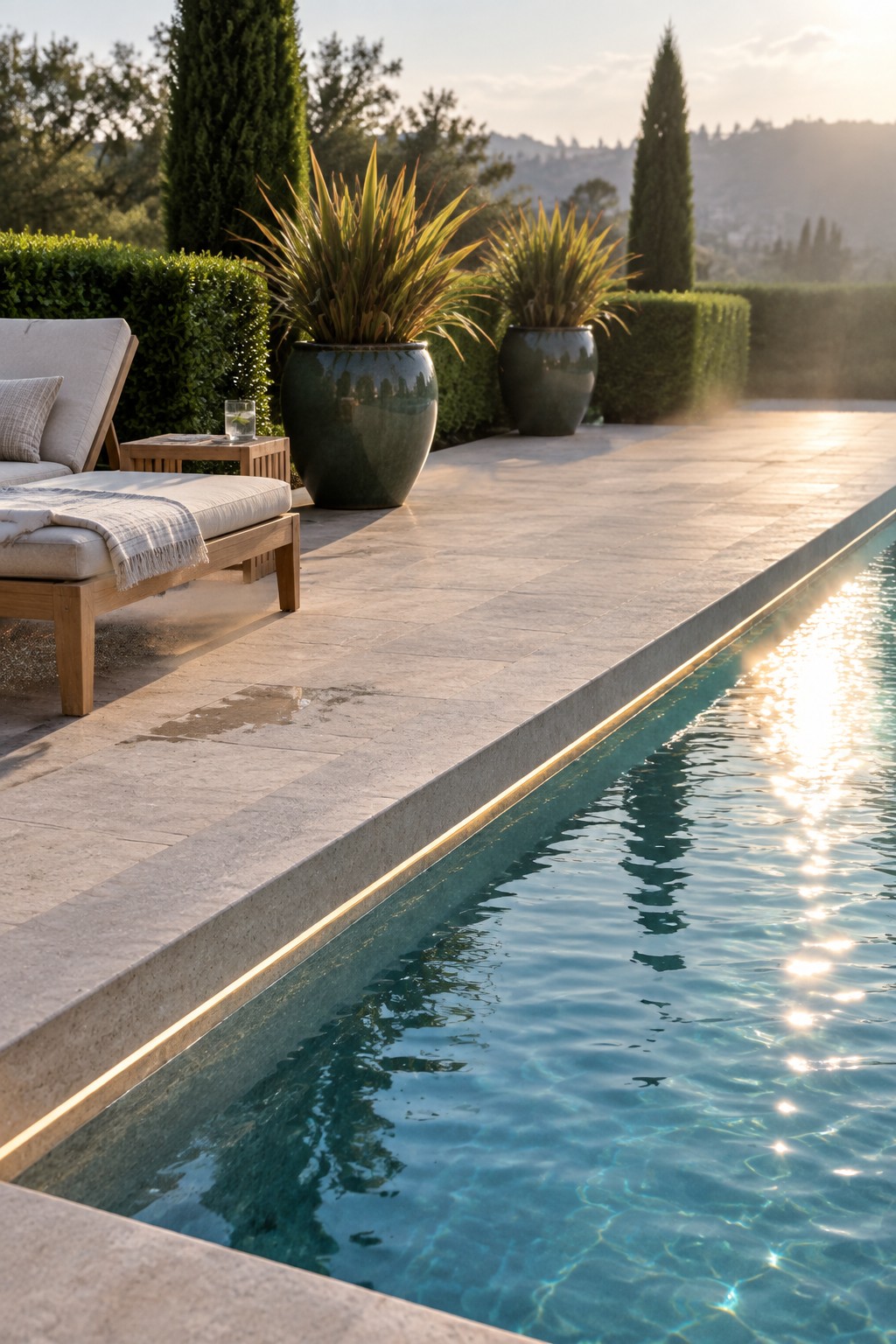 A swimming pool with light stone decking, a wooden lounge chair, and two large dark green ceramic pots holding tall evergreen plants, set against trimmed hedges and tall trees.