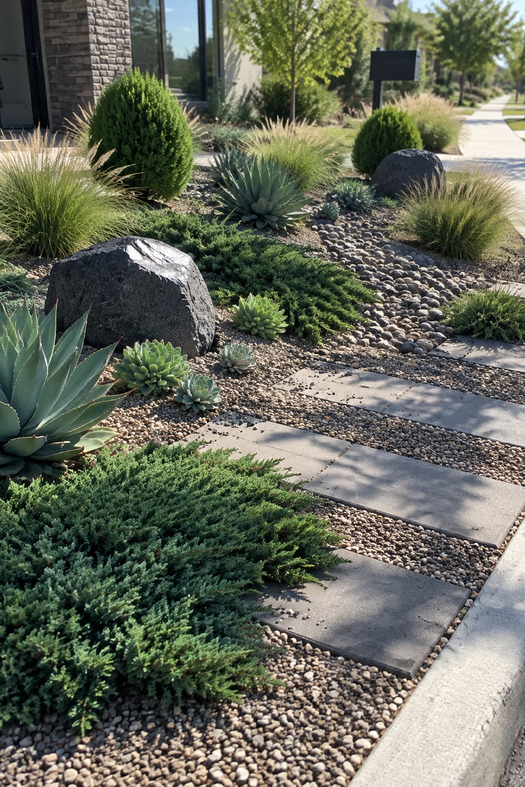 A gravel path lined with concrete stepping stones runs beside a variety of evergreen shrubs, succulents, and large rocks in a residential front garden.