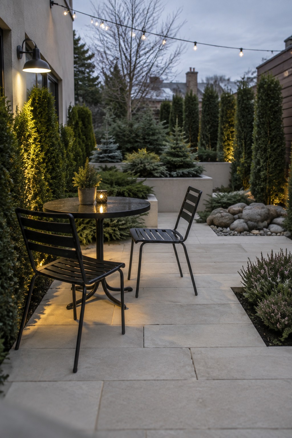 A stone patio with a round table and two black metal chairs surrounded by tall evergreen shrubs lit from below and string lights overhead.
