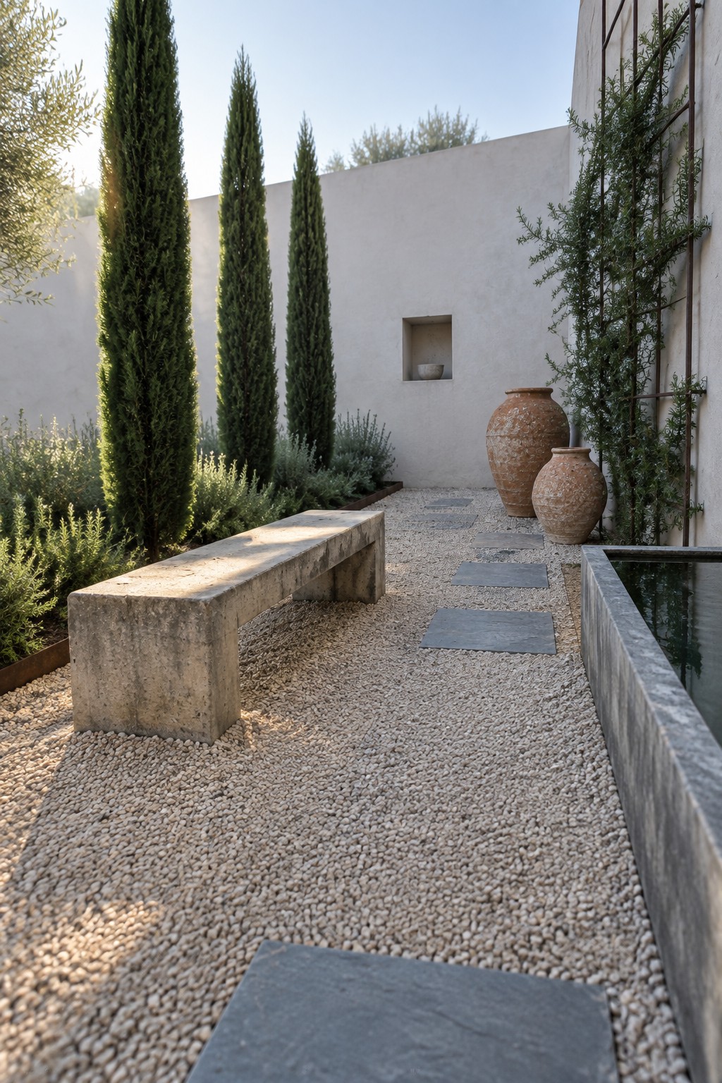 A minimalist garden with a concrete bench, gravel surface, stepping stones, terracotta pots, and a row of tall evergreen cypress trees beside a light stucco wall.
