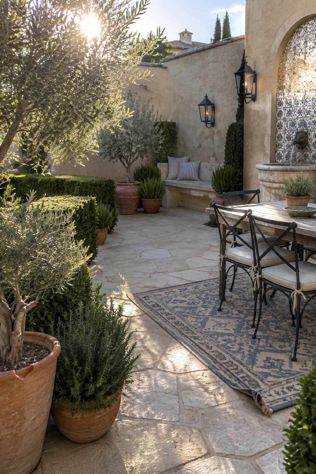 A stone-paved courtyard with a wooden dining table, black metal chairs on a patterned rug, terracotta pots holding olive trees and shrubs, built-in bench seating, and a tiled fountain along a stucco wall.