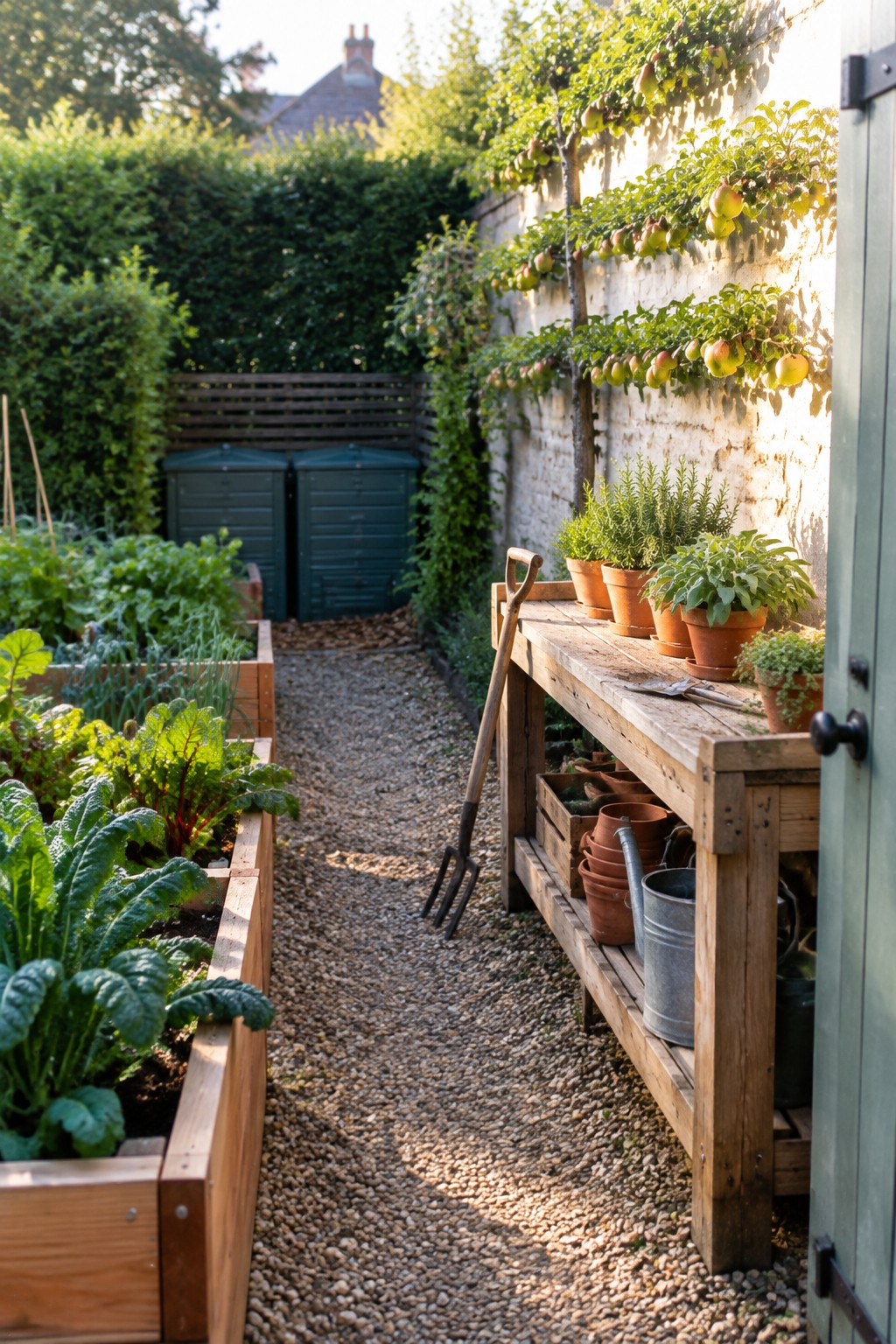 A narrow garden with wooden raised beds along a gravel path, a wooden potting bench holding terracotta pots and tools, and fruit trees trained against a white wall.