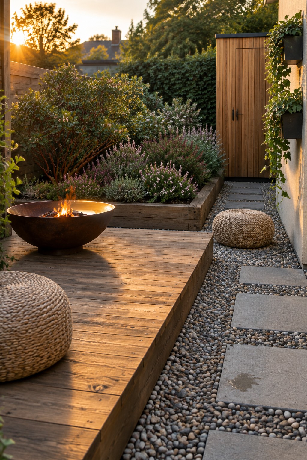 A wooden deck with a fire pit sits beside raised beds filled with shrubs, next to a gravel path lined with stone pavers and a wooden shed.