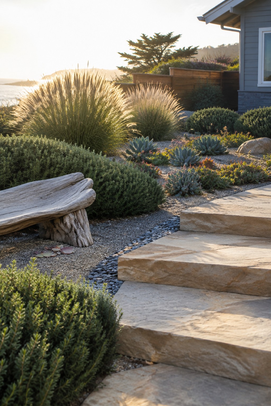 Stone steps wind through a gravel garden planted with evergreen shrubs, succulents, and low ground cover beside a weathered wooden bench.