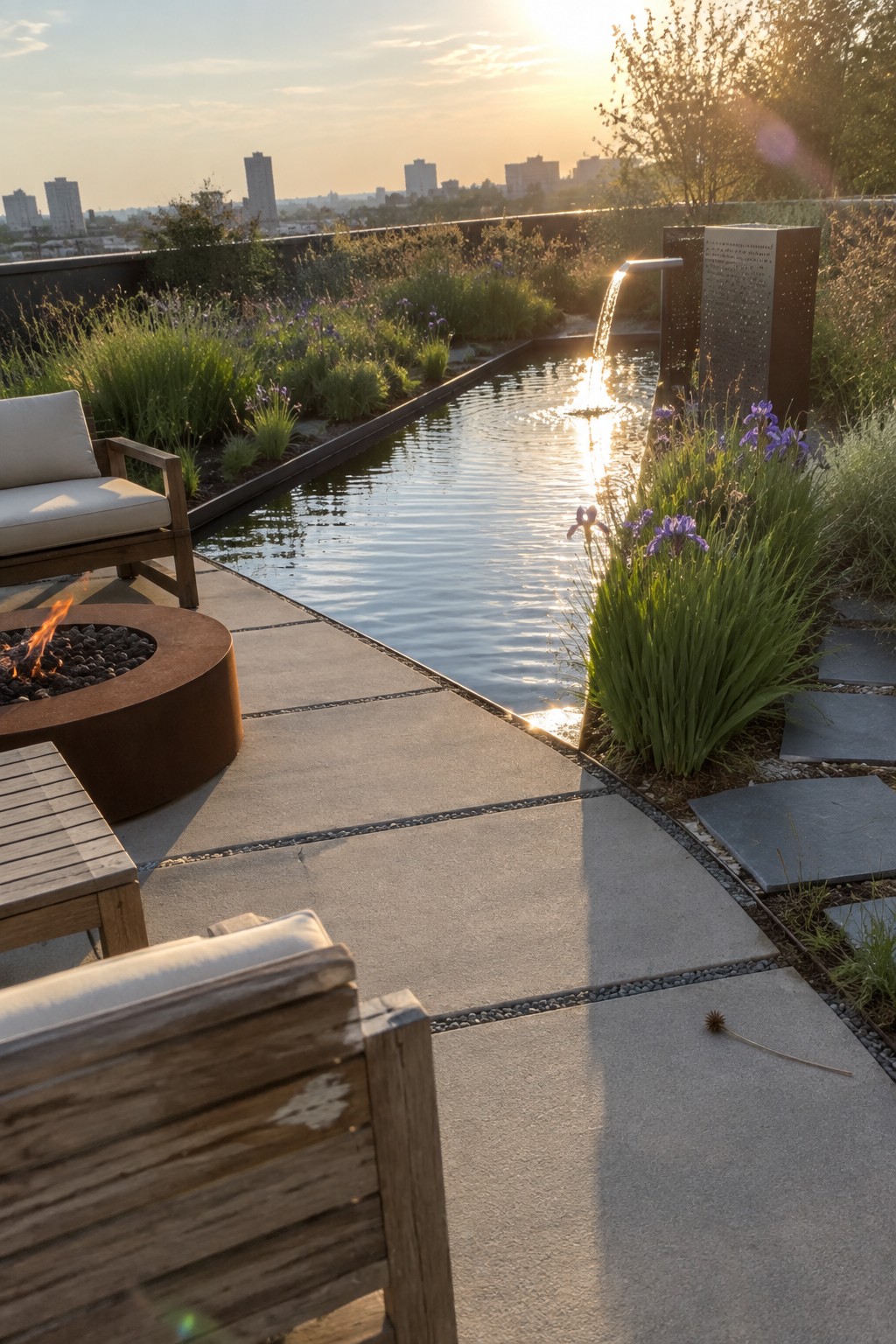 Rooftop terrace with linear pond, fountain, fire pit, wooden chairs at sunset