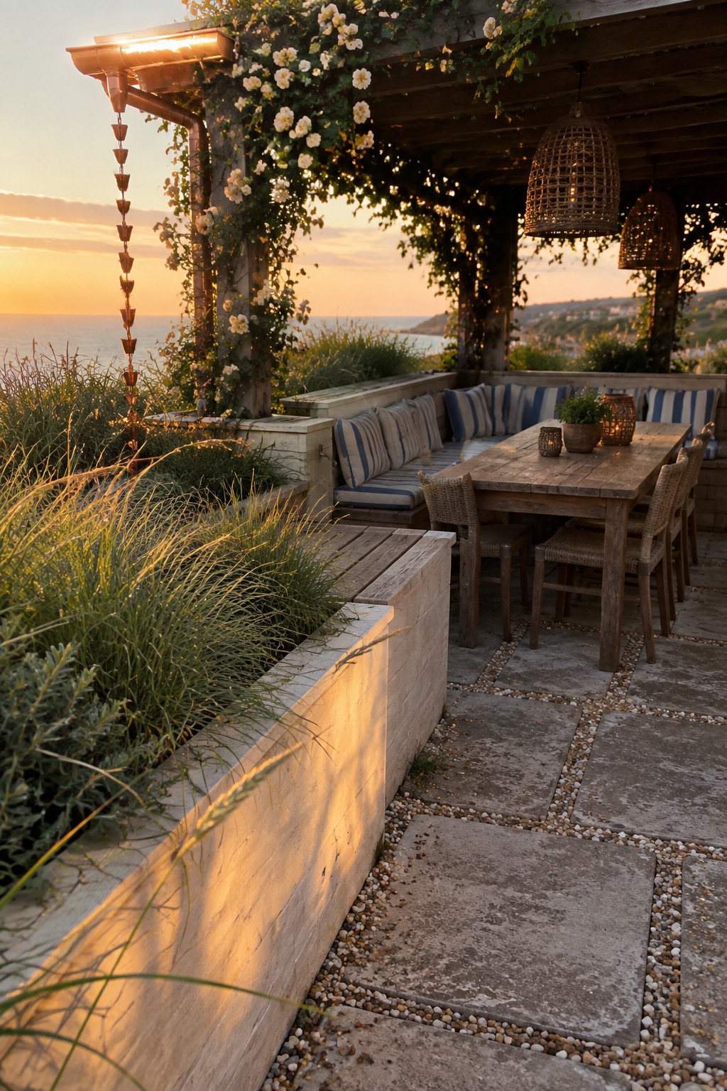 An outdoor patio at sunset with a wooden dining table, woven chairs, built-in benches with striped cushions, a hanging rain chain on the left, and coastal plants beside a stone-paved terrace overlooking the ocean.