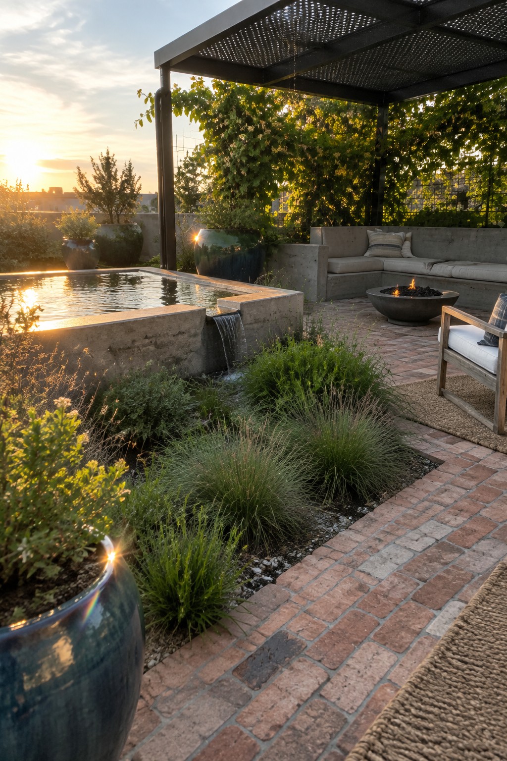 Rooftop patio at sunset with waterfall pond, fire pit, concrete sofa, and plants