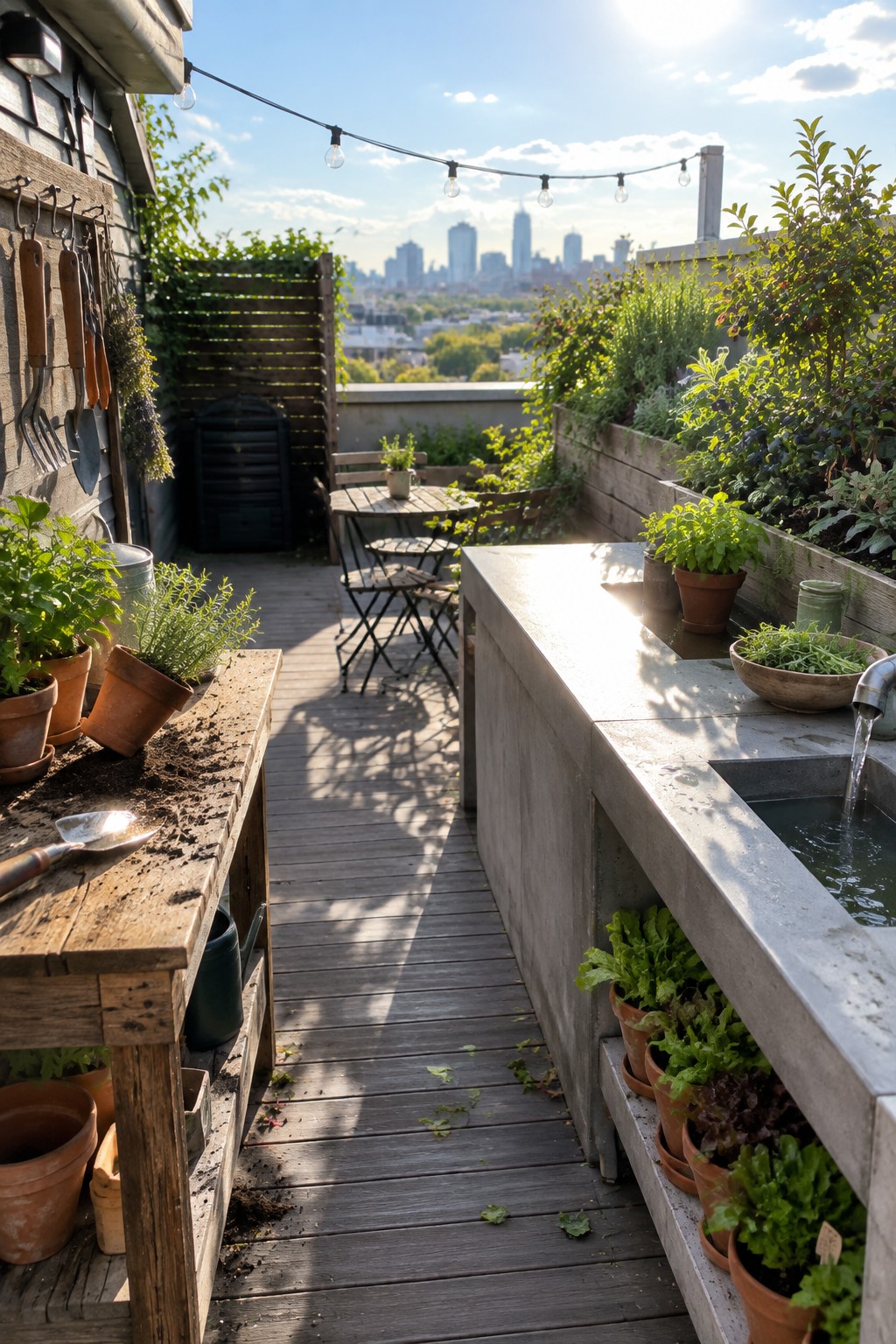 Rooftop garden with wooden deck, potted plants, raised beds, a concrete counter with sink and running water, and a city skyline in the background.