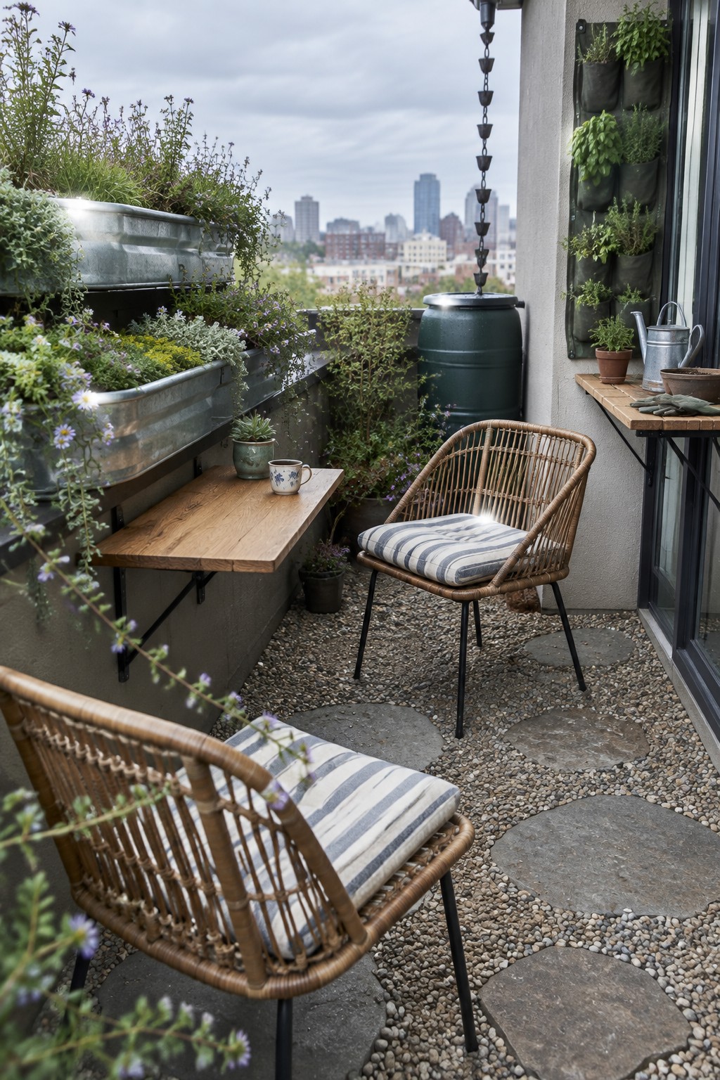 A rooftop balcony features two wicker chairs with striped cushions, a fold-down wooden table, a green rain barrel, and multiple potted plants along the wall.