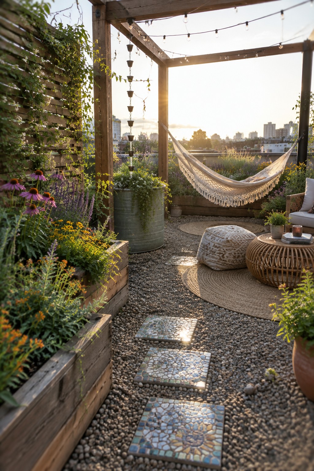 A rooftop garden with wooden planters, colorful flowers, a gravel path lined with mosaic stepping stones, a hanging hammock, and a seating area with a round table and pouf.