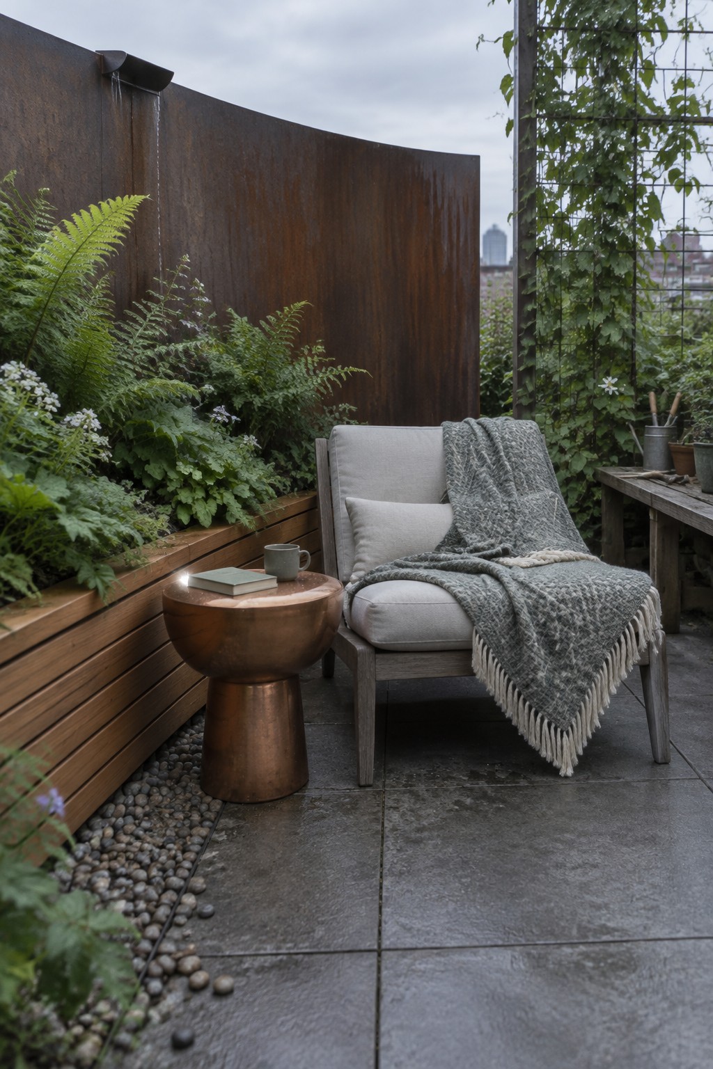 A rooftop patio with a rusted metal wall featuring a water spout flowing into a raised wooden planter filled with green ferns and flowering plants, next to a cushioned chair with a throw blanket and a copper side table.