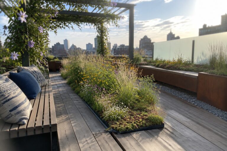 Rooftop garden with wooden deck, blooming flowers, pergola, and city skyline view