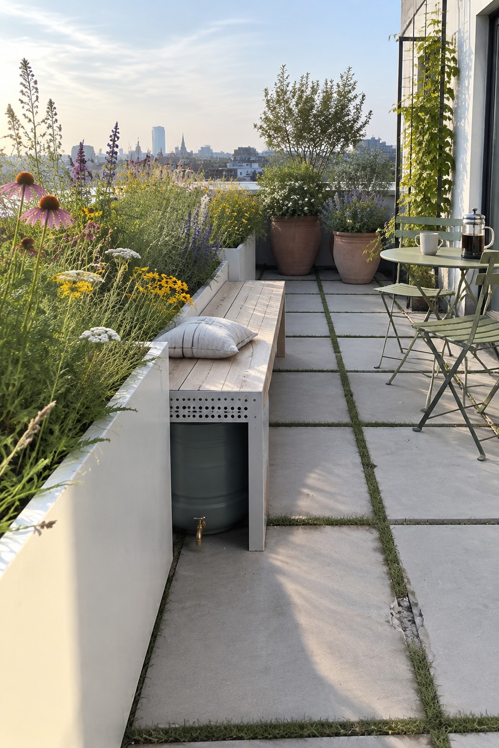 A rooftop terrace with a wooden bench over a visible rainwater barrel, raised beds of native flowers, and a small green patio table with chairs.