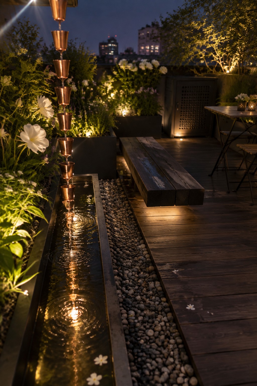 A rooftop terrace at dusk shows a cascading copper water feature emptying into a long pebble-filled channel bordered by plants, with a wooden bench along one side.