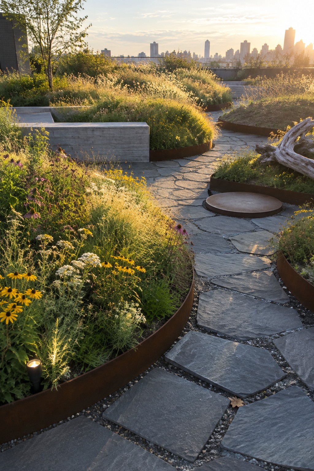 A rooftop garden features winding stone pathways lined with curved metal edging and dense plantings of native flowers and grasses, with a city skyline visible in the background.