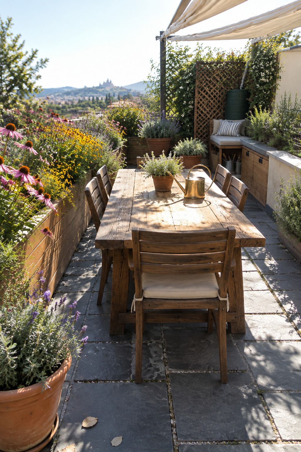 A wooden dining table and chairs sit on a stone terrace surrounded by raised beds and pots filled with colorful native flowers.