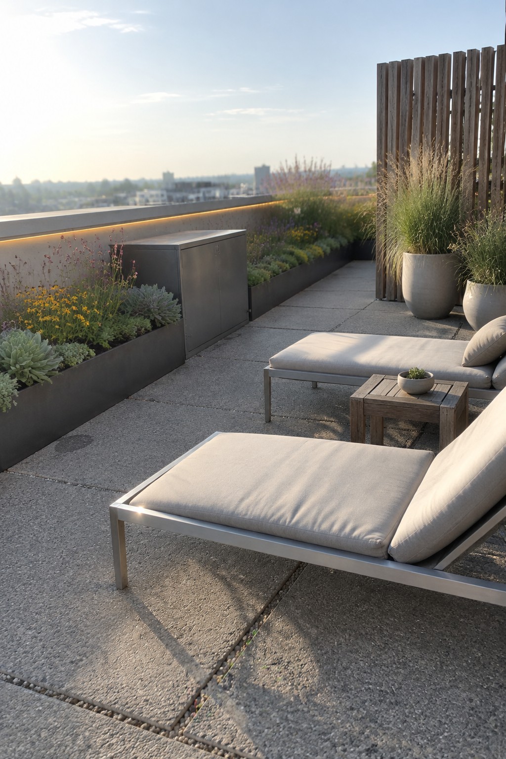 A rooftop terrace with two lounge chairs on concrete pavers beside raised metal planters containing native flowers, grasses, and succulents, along with large potted plants and a wooden screen.