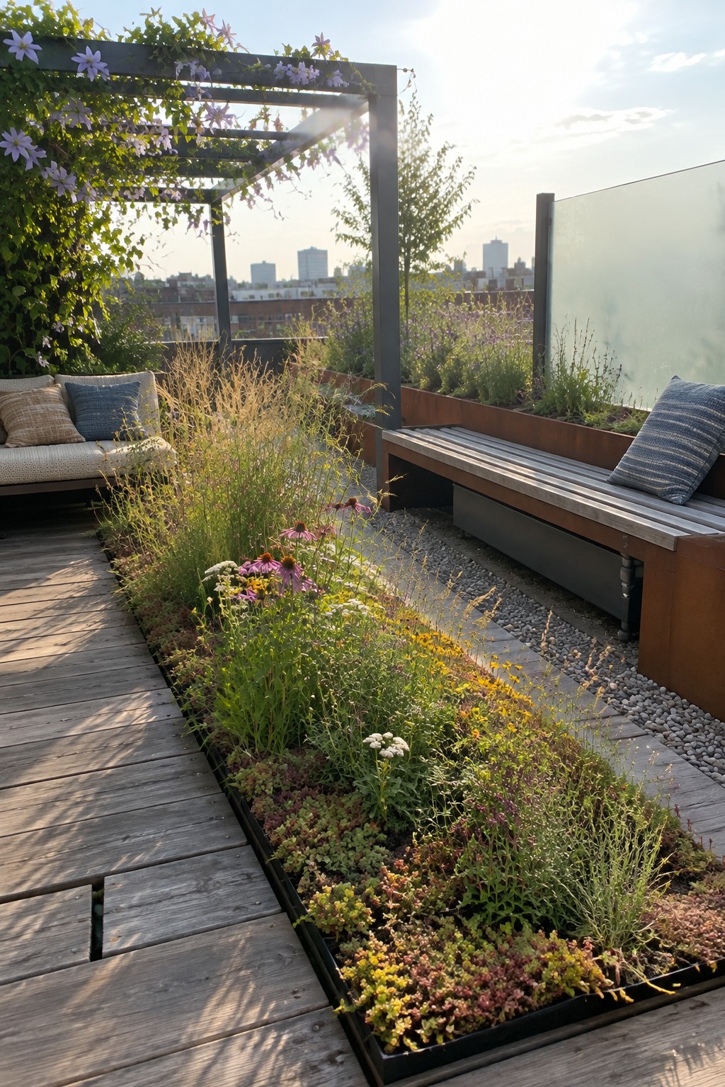 Rooftop garden with wooden deck, blooming flowers, pergola, and city skyline view