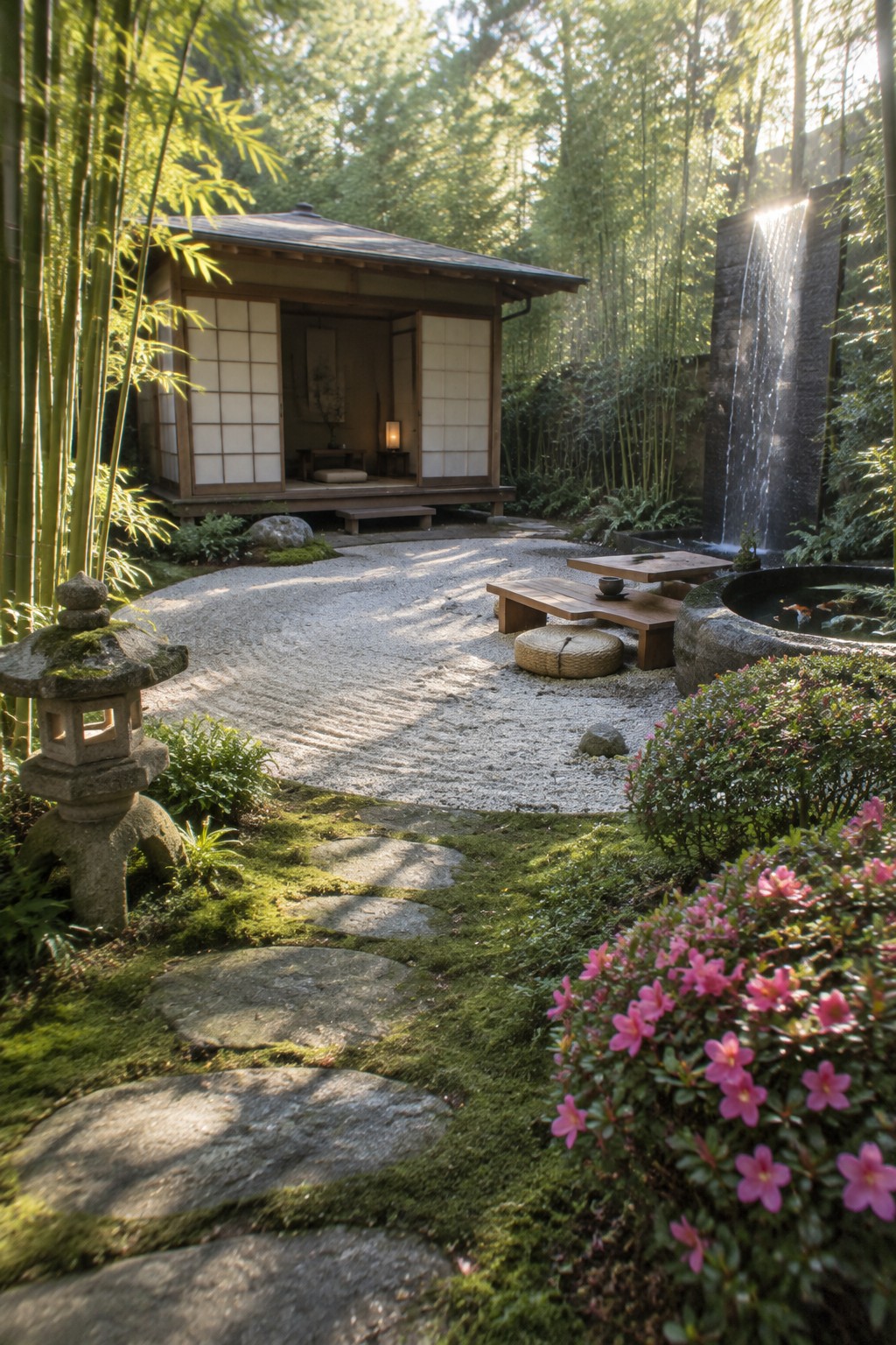 Zen garden with tea house, stone lantern, raked gravel, waterfall, and stepping stones.