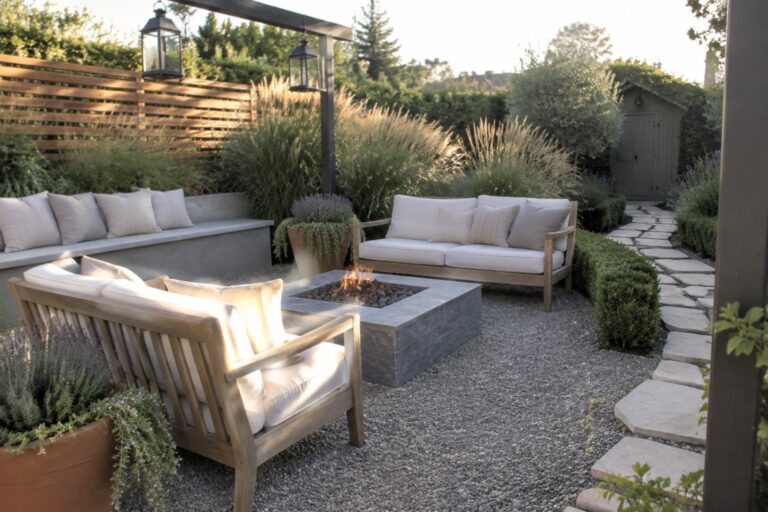 Backyard gravel patio with wooden sofas around a square stone fire pit, tall ornamental grasses behind the seating, a stone path, and potted shrubs along the edges.