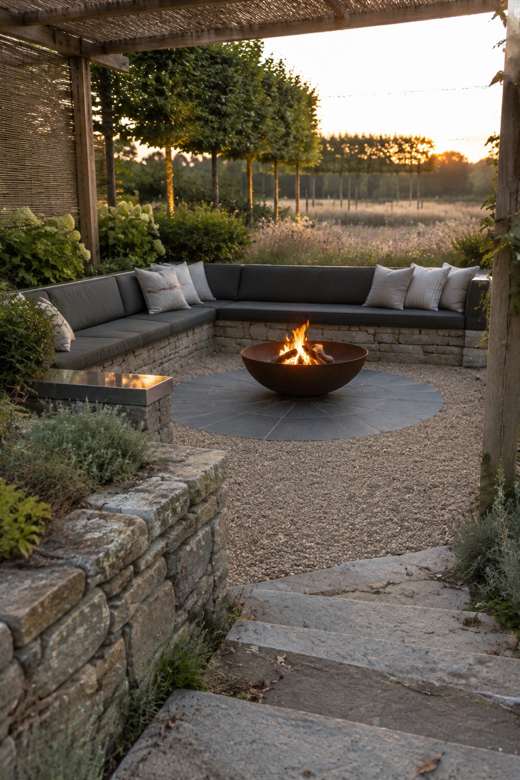 A round metal fire pit on a gravel patio with a curved stone bench and gray cushions, surrounded by shrubs and trees, with stone steps in the foreground at sunset.