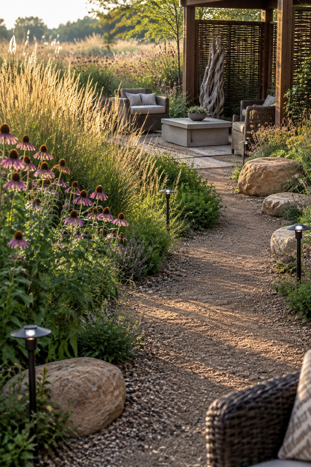 Gravel garden path with purple coneflowers, wicker chairs, rocks, and pathway lights.