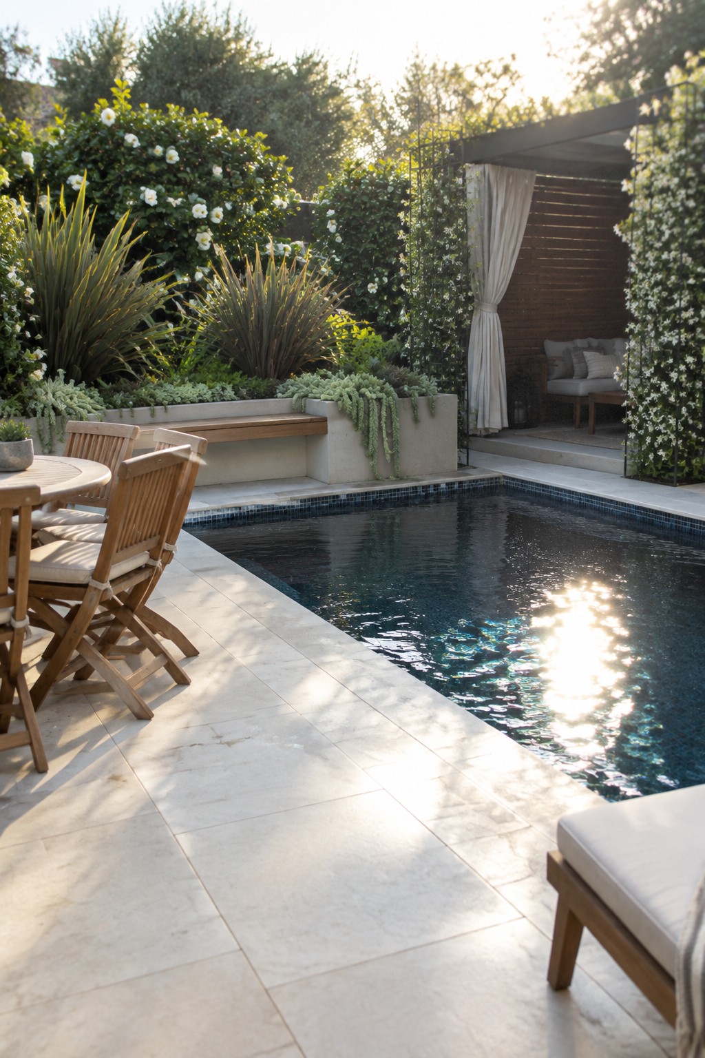 Luxury pool patio with teak dining chairs, concrete planters, and cabana seating