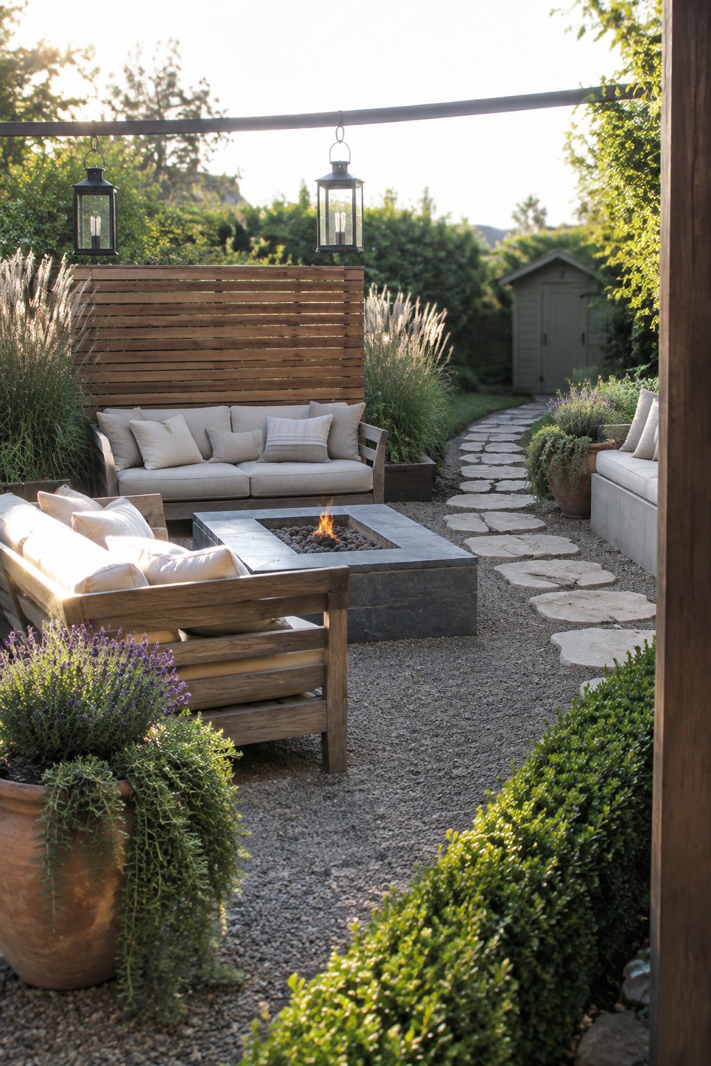 Backyard gravel patio with wooden sofas around a square stone fire pit, tall ornamental grasses behind the seating, a stone path, and potted shrubs along the edges.