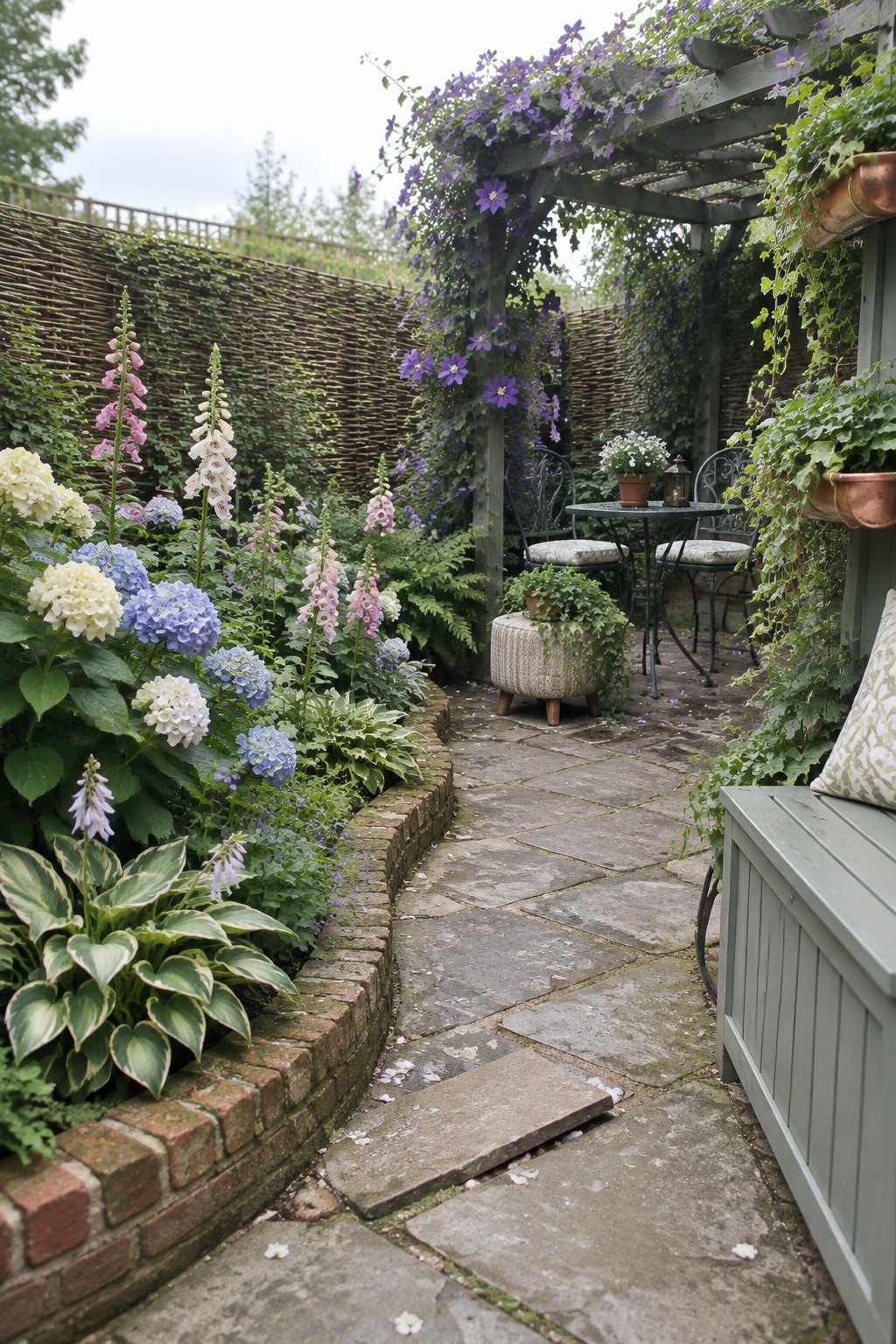 A winding stone path runs beside layered flower beds of hydrangeas and tall foxgloves, with purple clematis climbing over a wooden pergola and a woven fence in the background.