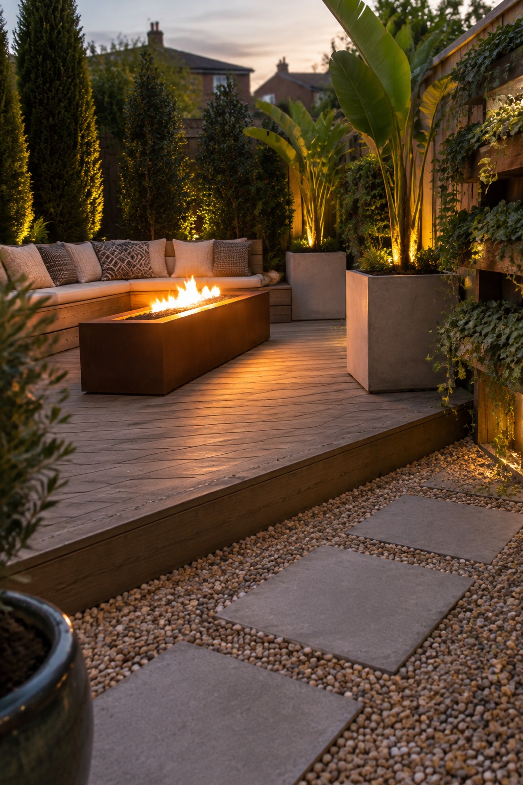Modern wooden deck with lit fire pit, cushioned seating, and tropical plants at dusk