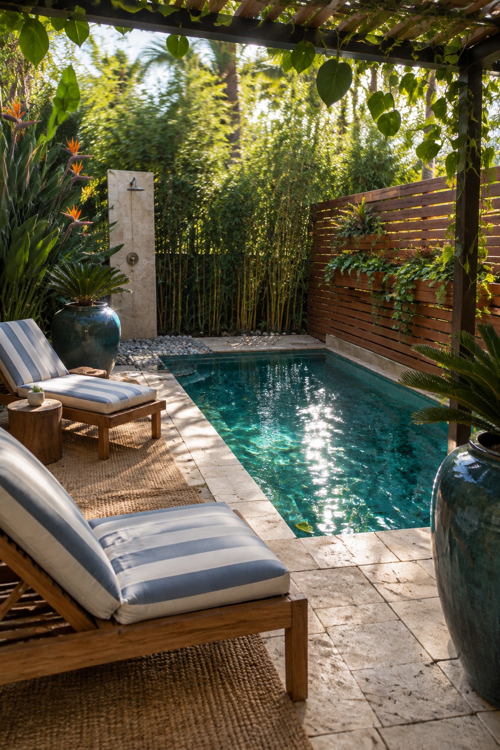 A backyard pool area enclosed by tall bamboo plants, a wooden slatted fence with built-in planters, and a vine-covered pergola, with two striped lounge chairs on a rug in the foreground.