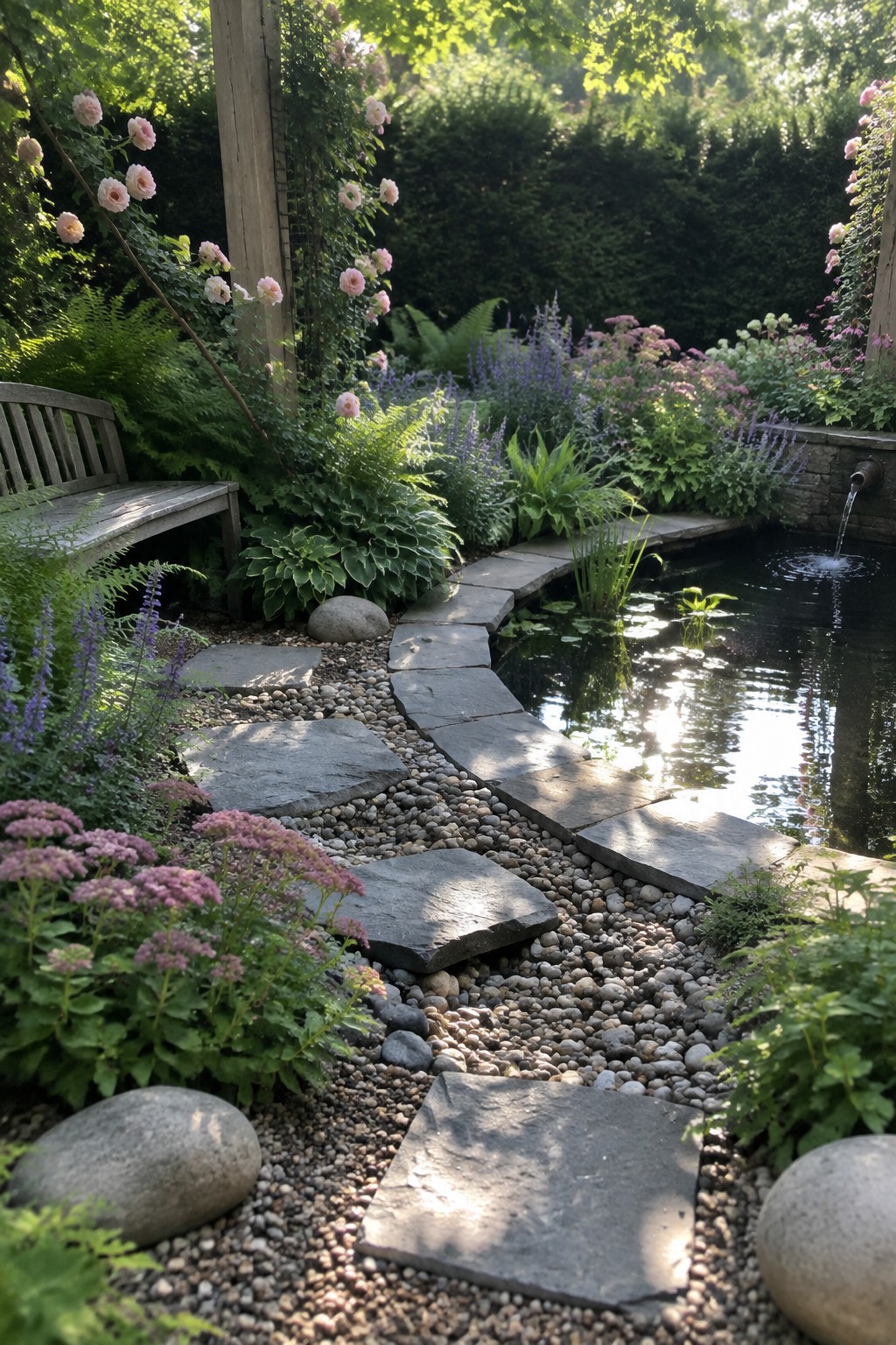 A stone path winds through gravel beside a small pond with a fountain, surrounded by layered garden plants including climbing pink roses on wooden posts and dense green hedges in the background.