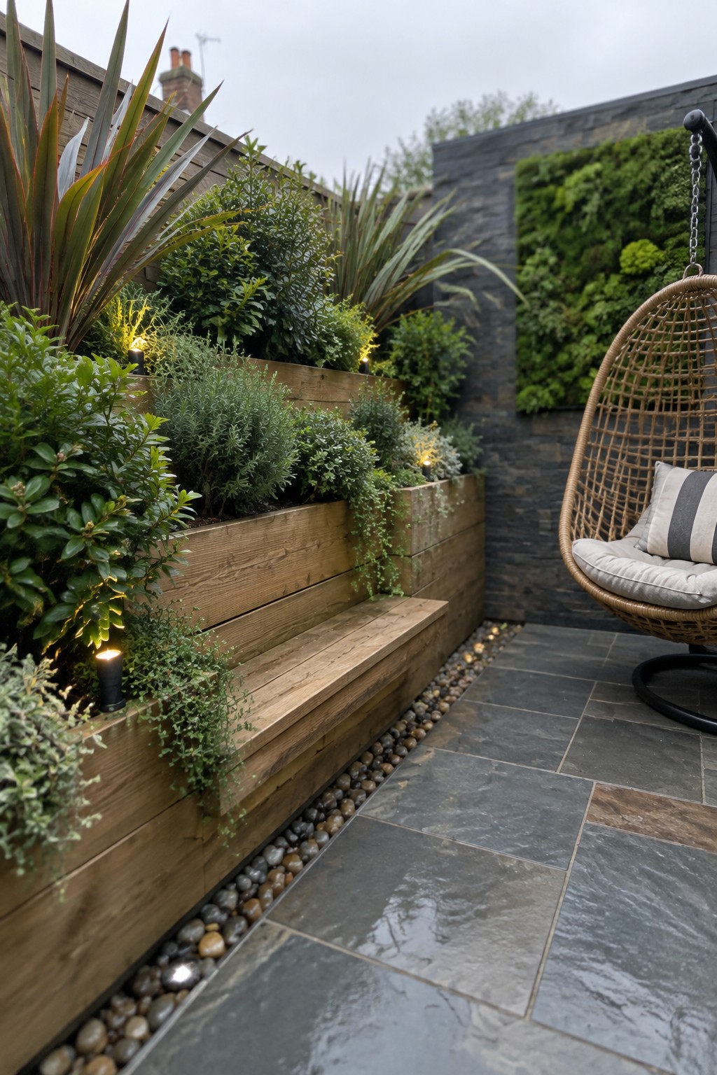 A backyard patio featuring a long wooden raised planter with layered green plants, a built-in bench, pebble edging, and a hanging chair beside a vertical living wall.