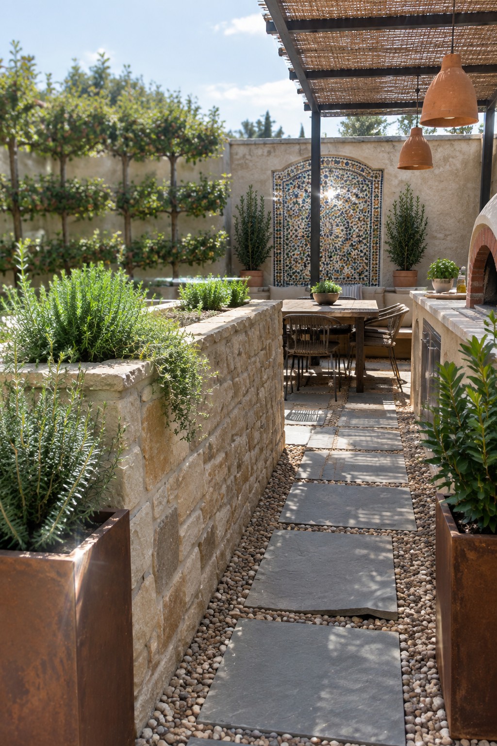 A backyard path of large stone pavers set in gravel, bordered by tall stone planters filled with green shrubs and small trees, leading to a wooden dining table under a pergola with hanging terracotta lights.