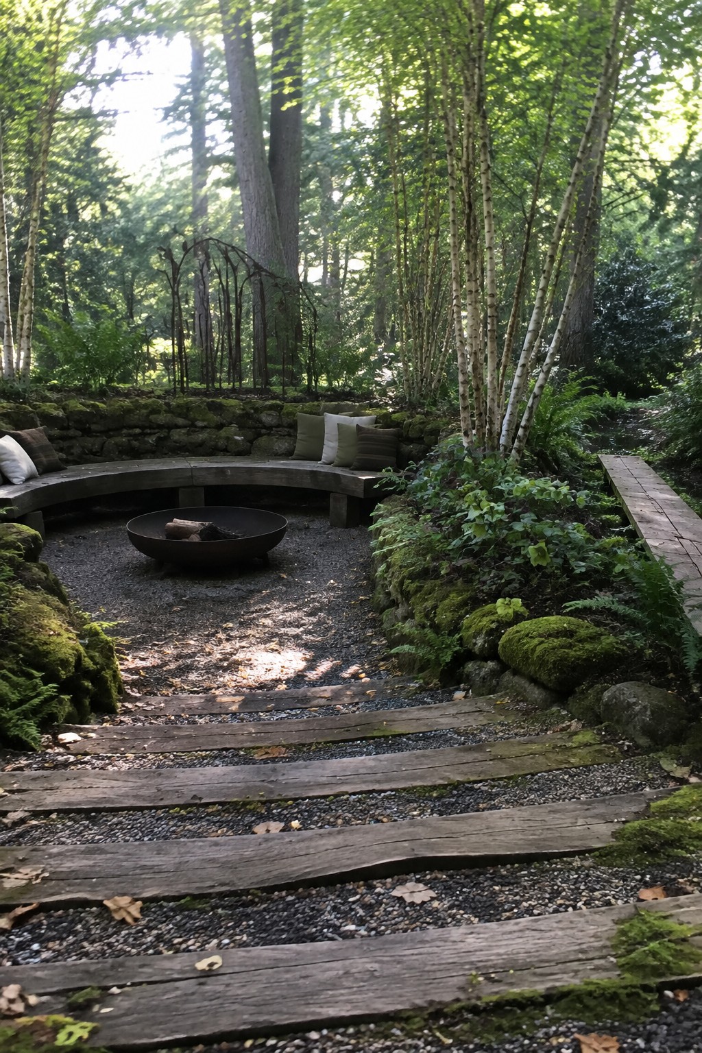Curved wooden bench encircles a fire pit amid mossy stone walls in a forest.