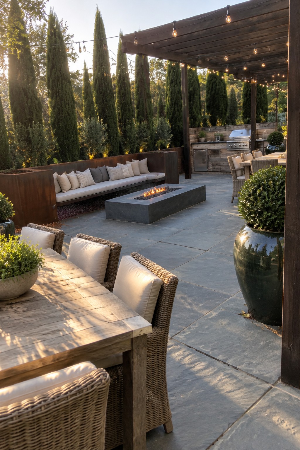 A large stone patio with a rectangular fire pit, built-in cushioned bench, wicker dining chairs, outdoor kitchen under a pergola with string lights, and tall evergreen trees forming a privacy screen behind the seating.