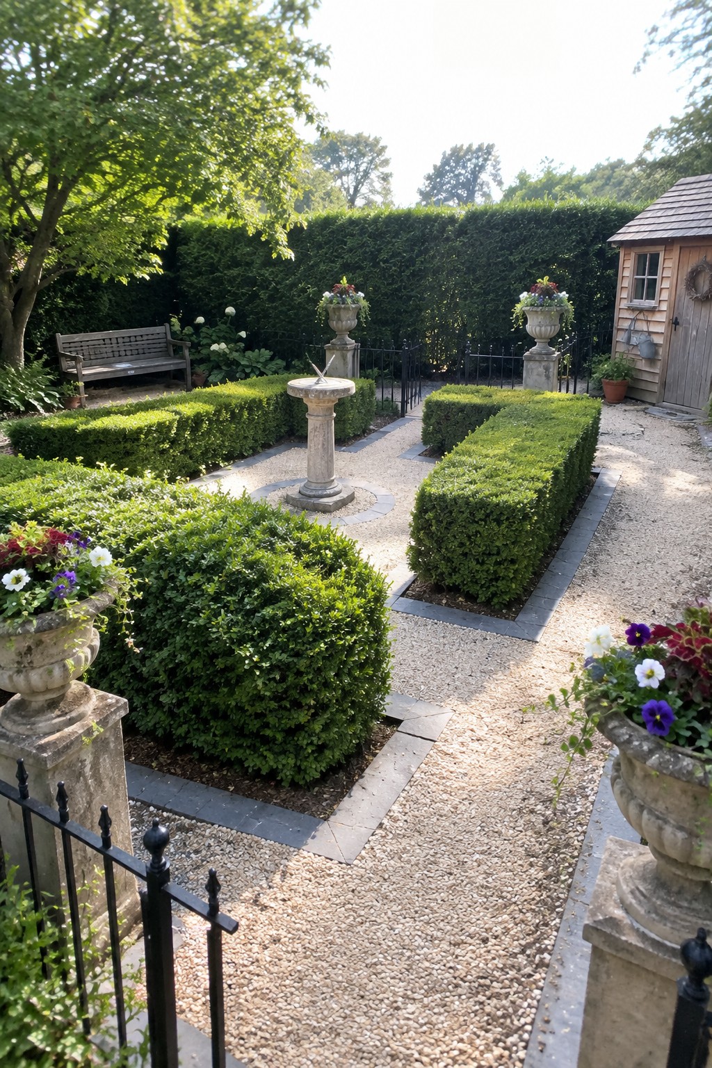 A formal backyard garden with gravel paths, neatly trimmed boxwood hedges, a central stone sundial, and a tall hedge wall providing privacy in the background.