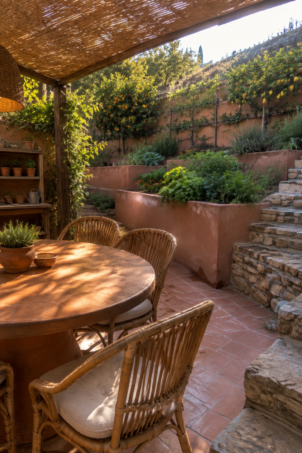 A patio dining area with a round wooden table and wicker chairs under a thatched roof, next to terraced raised garden beds with plants and trees on a hillside.