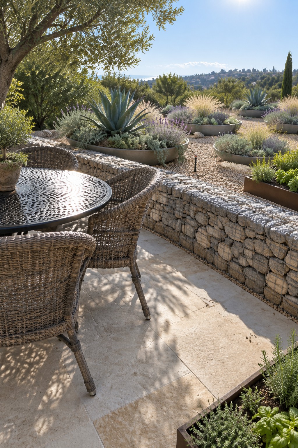 Patio with wicker chairs, round table, gabion wall, succulents, overlooking hills and sea.