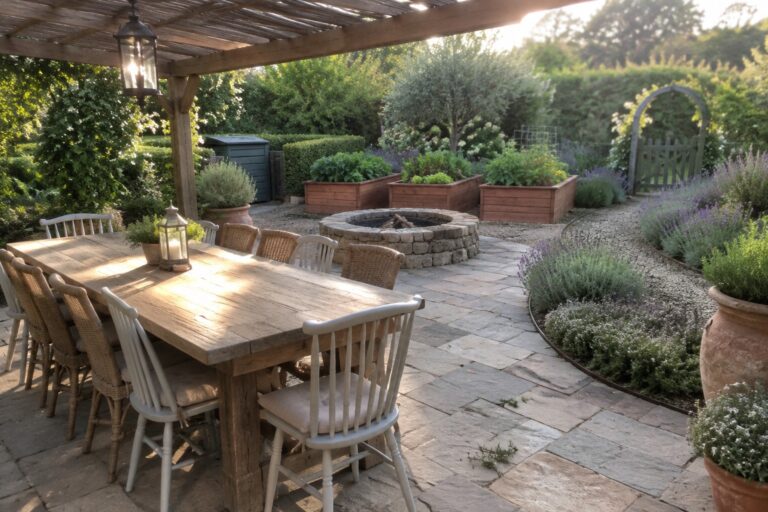 19 Fresh Backyard Garden Layout Ideas Using Separate Dining and Planting Zones Rustic wooden table with mixed chairs on stone patio beside garden beds and fire pit