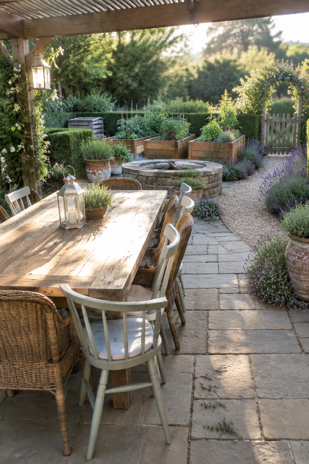 Rustic wooden table with mixed chairs on stone patio beside garden beds and fire pit