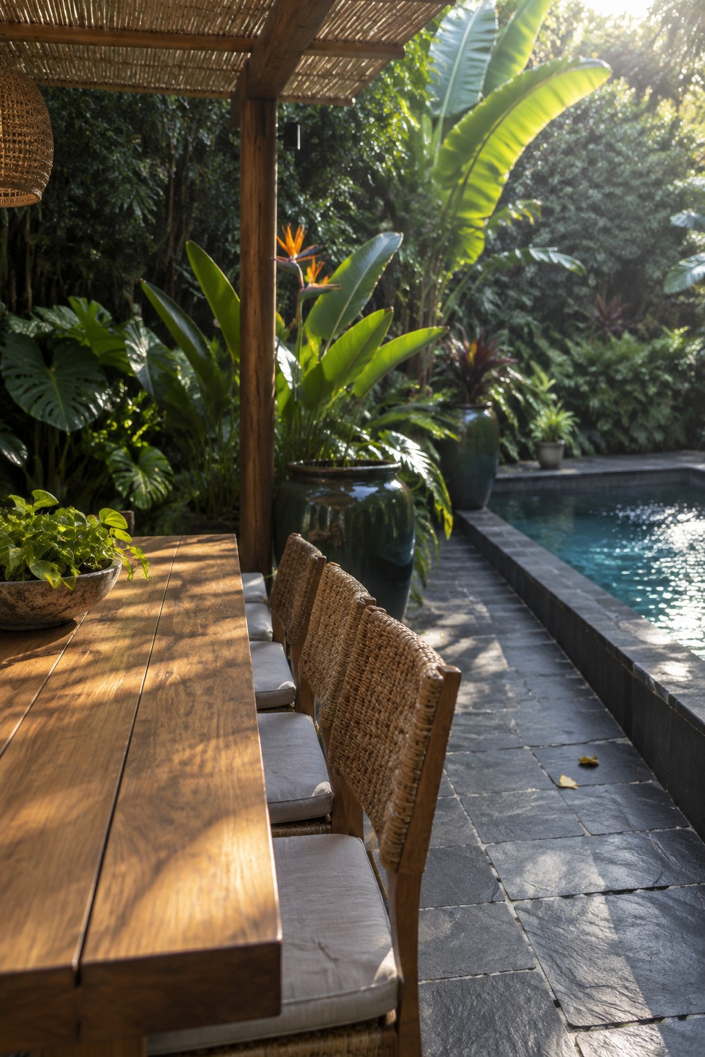 A long wooden dining table with woven chairs on a stone patio next to a swimming pool, surrounded by large tropical plants in pots and beds under a thatched roof.