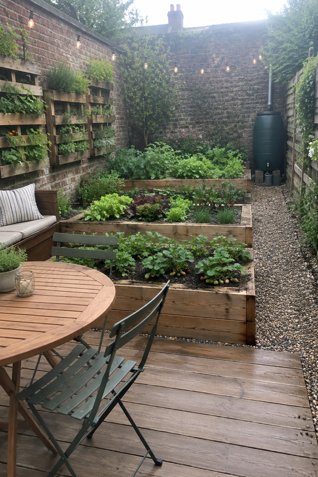 A backyard with a wooden deck holding a round table and chairs next to several raised garden beds filled with vegetables, set against brick walls with string lights overhead.