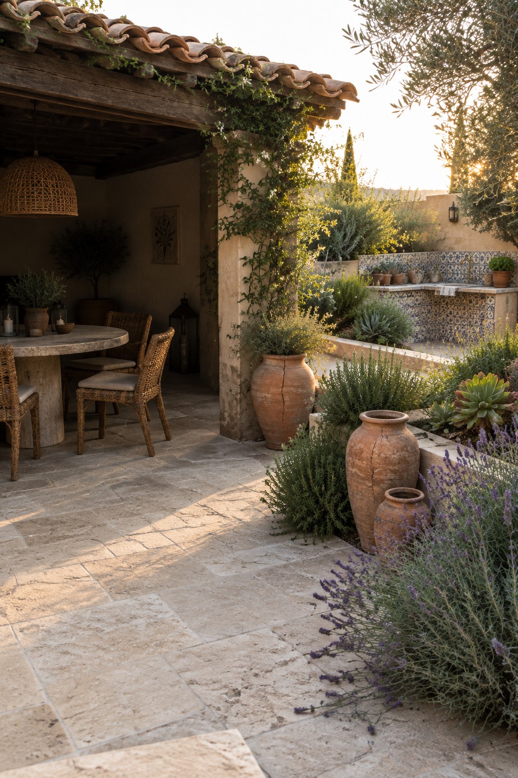 An outdoor patio with a round stone dining table and wicker chairs under a wooden structure, bordered by large terracotta pots and lavender plants.